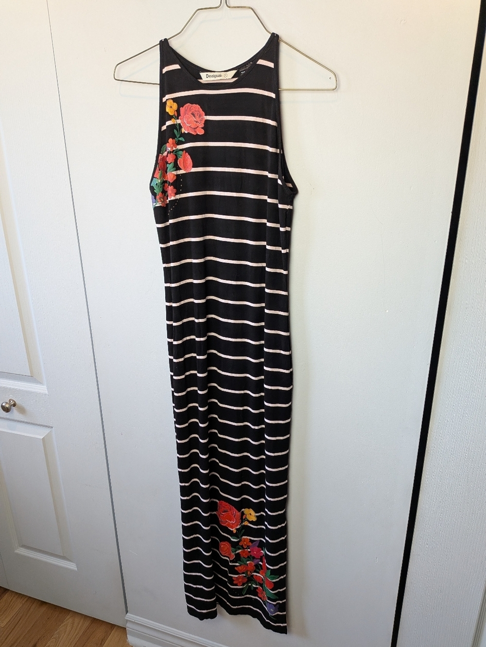 DESIGUAL Women Maxi Dress Size Small Black And White Stripes Floral Details